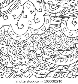 Tracery seamless pattern. Mehndi design. Ethnic monochrome binary doodle texture. Curved doodling black and white background. Vector