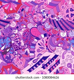 Tracery seamless pattern. Mehndi design. Ethnic colorful doodle texture. Curved doodling background. Vector