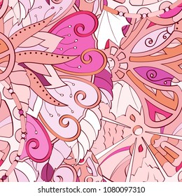 Tracery seamless pattern. Mehndi design. Ethnic colorful doodle texture. Curved doodling background. Vector