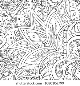 Tracery seamless pattern. Mehndi design. Ethnic monochrome binary doodle texture. Curved doodling black and white background. Vector