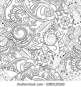 Tracery seamless pattern. Mehndi design. Ethnic monochrome binary doodle texture. Curved doodling black and white background. Vector