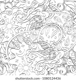 Tracery seamless pattern. Mehndi design. Ethnic monochrome binary doodle texture. Curved doodling black and white background. Vector