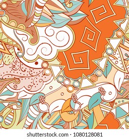 Tracery seamless pattern. Mehndi design. Ethnic colorful doodle texture. Curved doodling background. Vector