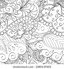 Tracery seamless pattern. Mehndi design. Ethnic monochrome binary doodle texture. Curved doodling black and white background. Vector