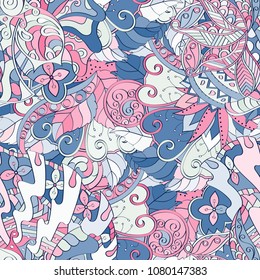 Tracery seamless pattern. Mehndi design. Ethnic colorful doodle texture. Curved doodling background. Vector