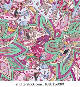 Tracery seamless pattern. Mehndi design. Ethnic colorful doodle texture. Curved doodling background. Vector