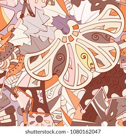 Tracery seamless pattern. Mehndi design. Ethnic colorful doodle texture. Curved doodling background. Vector