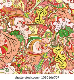 Tracery seamless pattern. Mehndi design. Ethnic colorful doodle texture. Curved doodling background. Vector