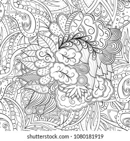 Tracery seamless pattern. Mehndi design. Ethnic monochrome binary doodle texture. Curved doodling black and white background. Vector