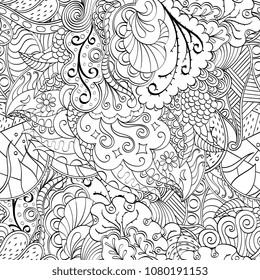Tracery seamless pattern. Mehndi design. Ethnic monochrome binary doodle texture. Curved doodling black and white background. Vector