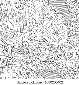 Tracery seamless pattern. Mehndi design. Ethnic monochrome binary doodle texture. Curved doodling black and white background. Vector