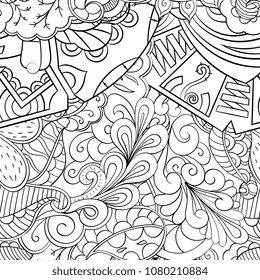 Tracery seamless pattern. Mehndi design. Ethnic monochrome binary doodle texture. Curved doodling black and white background. Vector