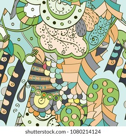 Tracery seamless pattern. Mehndi design. Ethnic colorful doodle texture. Curved doodling background. Vector