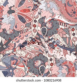 Tracery seamless pattern. Mehndi design. Ethnic colorful doodle texture. Curved doodling background. Vector