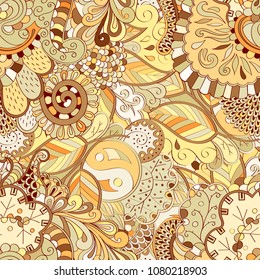 Tracery seamless pattern. Mehndi design. Ethnic colorful doodle texture. Curved doodling background. Vector