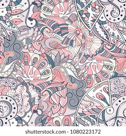 Tracery seamless pattern. Mehndi design. Ethnic colorful doodle texture. Curved doodling background. Vector