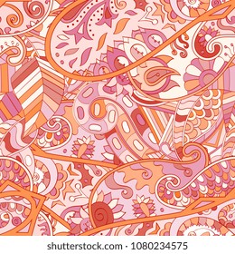 Tracery seamless pattern. Mehndi design. Ethnic colorful doodle texture. Curved doodling background. Vector
