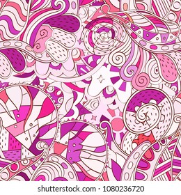 Tracery seamless pattern. Mehndi design. Ethnic colorful doodle texture. Curved doodling background. Vector