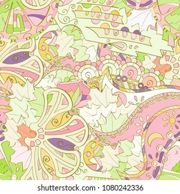 Tracery seamless pattern. Mehndi design. Ethnic colorful doodle texture. Curved doodling background. Vector