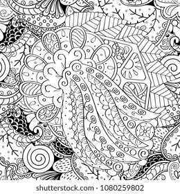 Tracery seamless pattern. Mehndi design. Ethnic monochrome binary doodle texture. Curved doodling black and white background. Vector