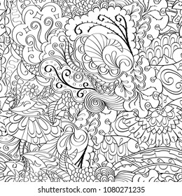 Tracery seamless pattern. Mehndi design. Ethnic monochrome binary doodle texture. Curved doodling black and white background. Vector
