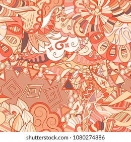 Tracery seamless pattern. Mehndi design. Ethnic colorful doodle texture. Curved doodling background. Vector