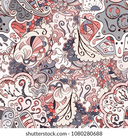 Tracery seamless pattern. Mehndi design. Ethnic colorful doodle texture. Curved doodling background. Vector