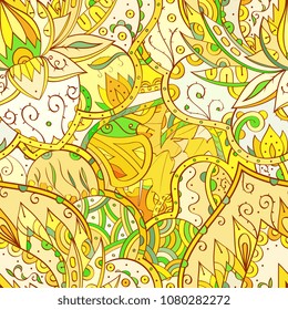Tracery seamless pattern. Mehndi design. Ethnic colorful doodle texture. Curved doodling background. Vector