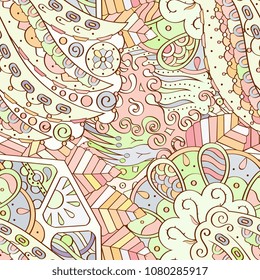 Tracery seamless pattern. Mehndi design. Ethnic colorful doodle texture. Curved doodling background. Vector
