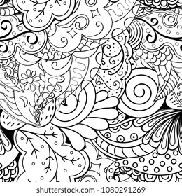 Tracery seamless pattern. Mehndi design. Ethnic monochrome binary doodle texture. Curved doodling black and white background. Vector