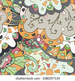 Tracery seamless pattern. Mehndi design. Ethnic colorful doodle texture. Curved doodling background. Vector