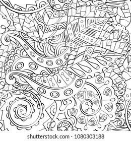 Tracery seamless pattern. Mehndi design. Ethnic monochrome binary doodle texture. Curved doodling black and white background. Vector