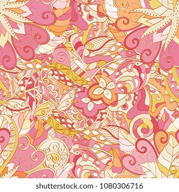 Tracery seamless pattern. Mehndi design. Ethnic colorful doodle texture. Curved doodling background. Vector