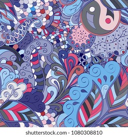 Tracery seamless pattern. Mehndi design. Ethnic colorful doodle texture. Curved doodling background. Vector