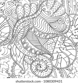 Tracery seamless pattern. Mehndi design. Ethnic monochrome binary doodle texture. Curved doodling black and white background. Vector