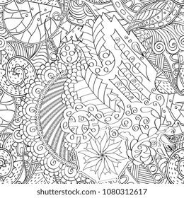 Tracery seamless pattern. Mehndi design. Ethnic monochrome binary doodle texture. Curved doodling black and white background. Vector