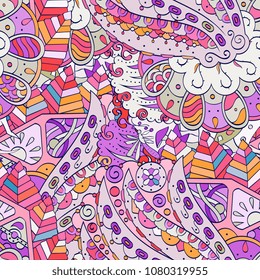 Tracery seamless pattern. Mehndi design. Ethnic colorful doodle texture. Curved doodling background. Vector
