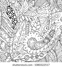 Tracery seamless pattern. Mehndi design. Ethnic monochrome binary doodle texture. Curved doodling black and white background. Vector