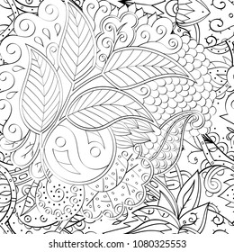 Tracery seamless pattern. Mehndi design. Ethnic monochrome binary doodle texture. Curved doodling black and white background. Vector