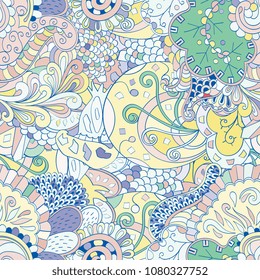 Tracery seamless pattern. Mehndi design. Ethnic colorful doodle texture. Curved doodling background. Vector