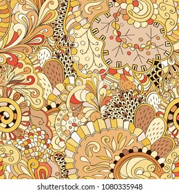 Tracery seamless pattern. Mehndi design. Ethnic colorful doodle texture. Curved doodling background. Vector