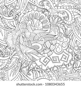 Tracery seamless pattern. Mehndi design. Ethnic monochrome binary doodle texture. Curved doodling black and white background. Vector