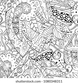 Tracery seamless pattern. Mehndi design. Ethnic monochrome binary doodle texture. Curved doodling black and white background. Vector