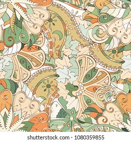 Tracery seamless pattern. Mehndi design. Ethnic colorful doodle texture. Curved doodling background. Vector