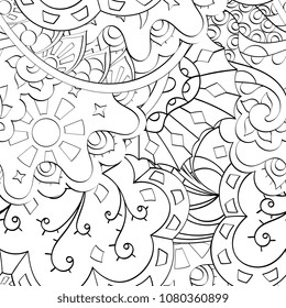 Tracery seamless pattern. Mehndi design. Ethnic monochrome binary doodle texture. Curved doodling black and white background. Vector