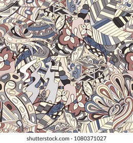 Tracery seamless pattern. Mehndi design. Ethnic colorful doodle texture. Curved doodling background. Vector