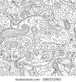 Tracery seamless pattern. Mehndi design. Ethnic monochrome binary doodle texture. Curved doodling black and white background. Vector