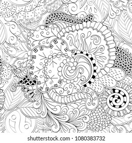 Tracery seamless pattern. Mehndi design. Ethnic monochrome binary doodle texture. Curved doodling black and white background. Vector