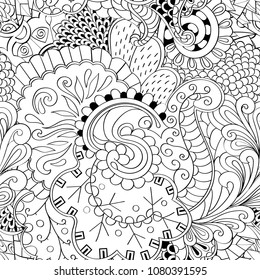 Tracery seamless pattern. Mehndi design. Ethnic monochrome binary doodle texture. Curved doodling black and white background. Vector