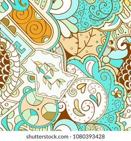 Tracery seamless pattern. Mehndi design. Ethnic colorful doodle texture. Curved doodling background. Vector